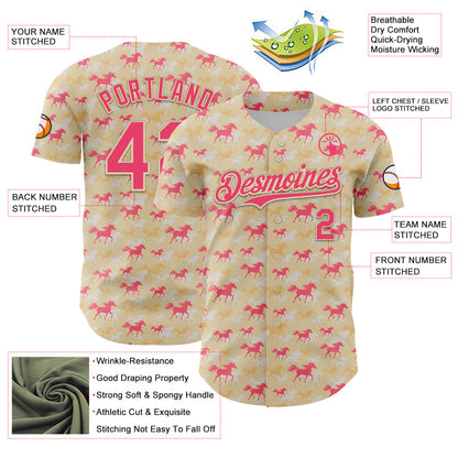 Custom Cream Neon Pink 3D Pattern Design Animal Horse Authentic Baseball Jersey - Sky-Custom