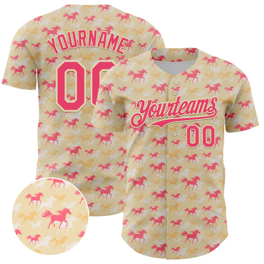 Custom Cream Neon Pink 3D Pattern Design Animal Horse Authentic Baseball Jersey - Sky-Custom