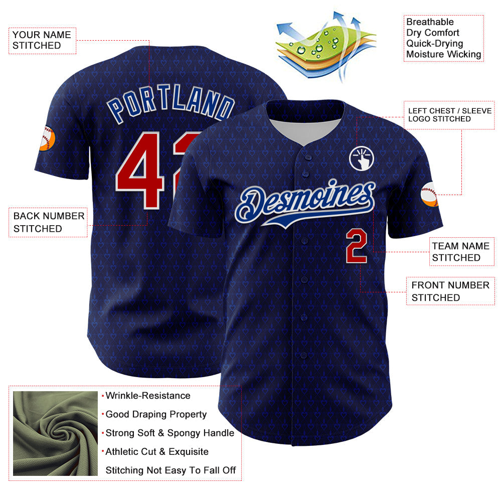 Custom Navy Red-Royal 3D Pattern Design Hearts Authentic Baseball Jersey - Sky-Custom