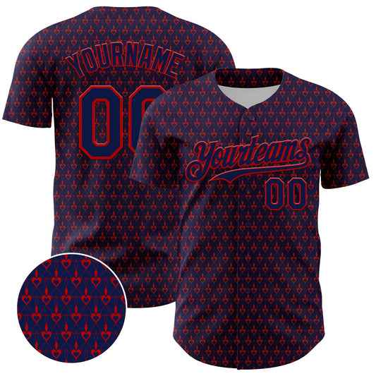 Custom Navy Red 3D Pattern Design Hearts Authentic Baseball Jersey - Sky-Custom