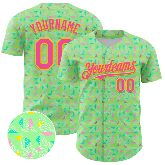 Custom Pea Green Pink-Yellow 3D Pattern Design Geometric Shape Authentic Baseball Jersey - Sky-Custom