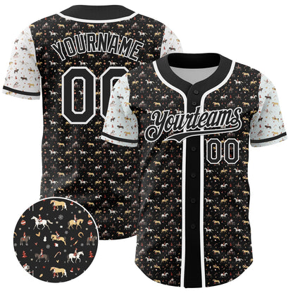 Custom Black White 3D Pattern Design Rodeo Cowboy Authentic Baseball Jersey - Sky-Custom