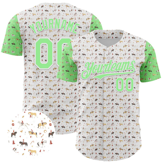 Custom White Pea Green 3D Pattern Design Rodeo Cowboy Authentic Baseball Jersey - Sky-Custom