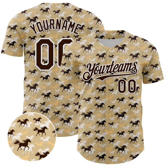 Custom Vegas Gold Brown-White 3D Pattern Design Animal Horse Authentic Baseball Jersey - Sky-Custom