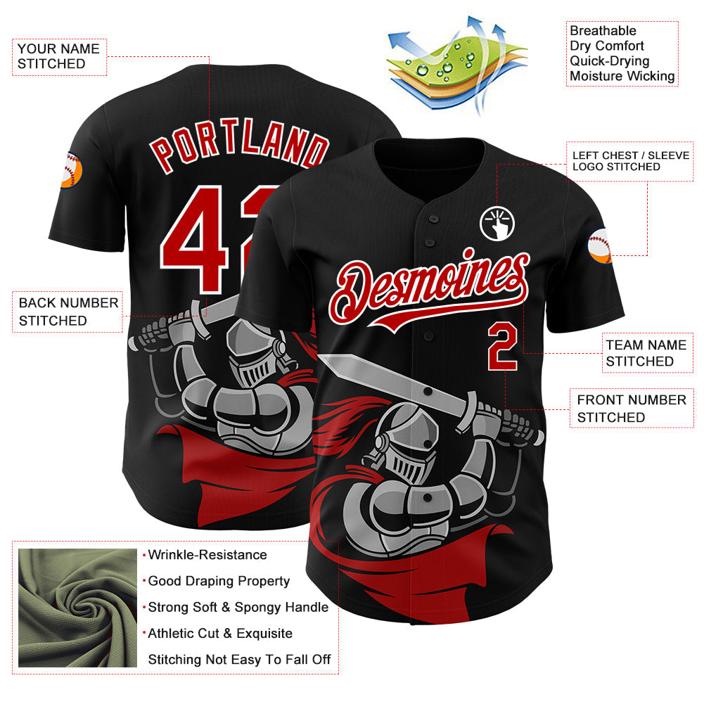 Custom Black Red-White 3D Pattern Design Knight Hero Art Authentic Baseball Jersey - Sky-Custom