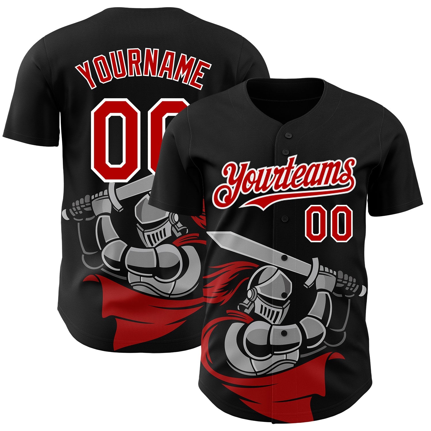 Custom Black Red-White 3D Pattern Design Knight Hero Art Authentic Baseball Jersey - Sky-Custom