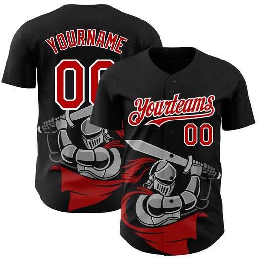 Custom Black Red-White 3D Pattern Design Knight Hero Art Authentic Baseball Jersey - Sky-Custom
