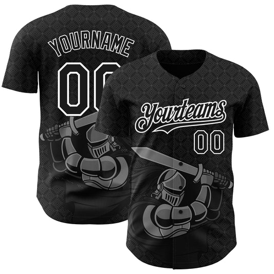 Custom Black White 3D Pattern Design Knight Hero Art Authentic Baseball Jersey - Sky-Custom