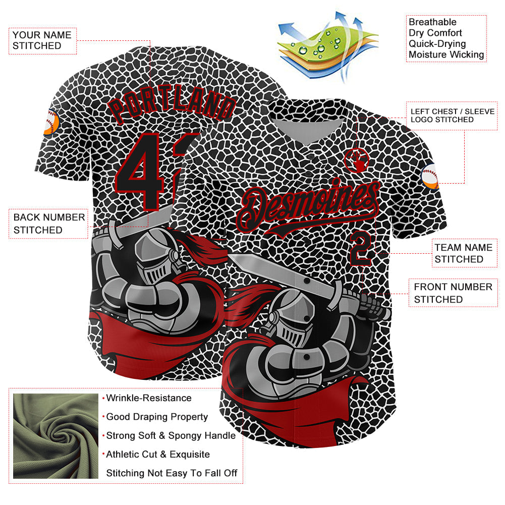 Custom Black Red-White 3D Pattern Design Knight Hero Art Authentic Baseball Jersey - Sky-Custom