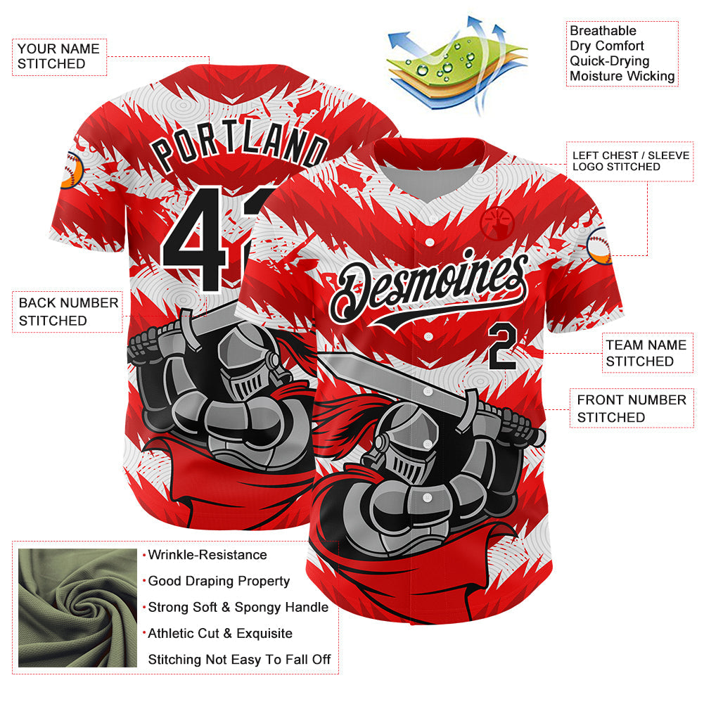 Custom Red Black-White 3D Pattern Design Knight Hero Art Authentic Baseball Jersey - Sky-Custom