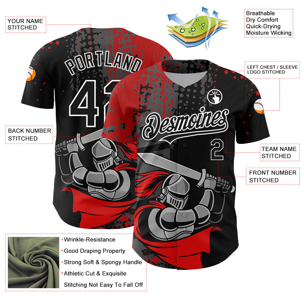 Custom Black Red-White 3D Pattern Design Knight Hero Art Authentic Baseball Jersey - Sky-Custom