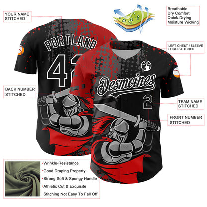 Custom Black Red-White 3D Pattern Design Knight Hero Art Authentic Baseball Jersey - Sky-Custom
