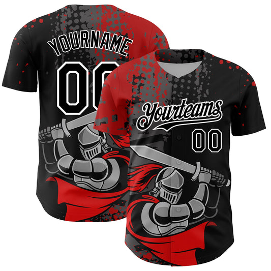 Custom Black Red-White 3D Pattern Design Knight Hero Art Authentic Baseball Jersey - Sky-Custom