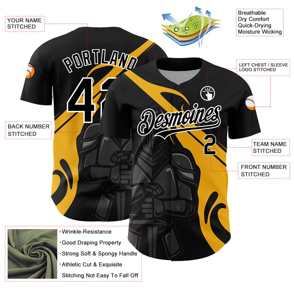 Custom Black Gold-White 3D Pattern Design Knight Hero Art Authentic Baseball Jersey - Sky-Custom