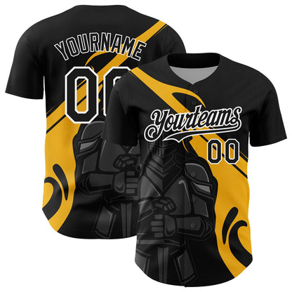 Custom Black Gold-White 3D Pattern Design Knight Hero Art Authentic Baseball Jersey - Sky-Custom