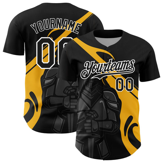 Custom Black Gold-White 3D Pattern Design Knight Hero Art Authentic Baseball Jersey - Sky-Custom