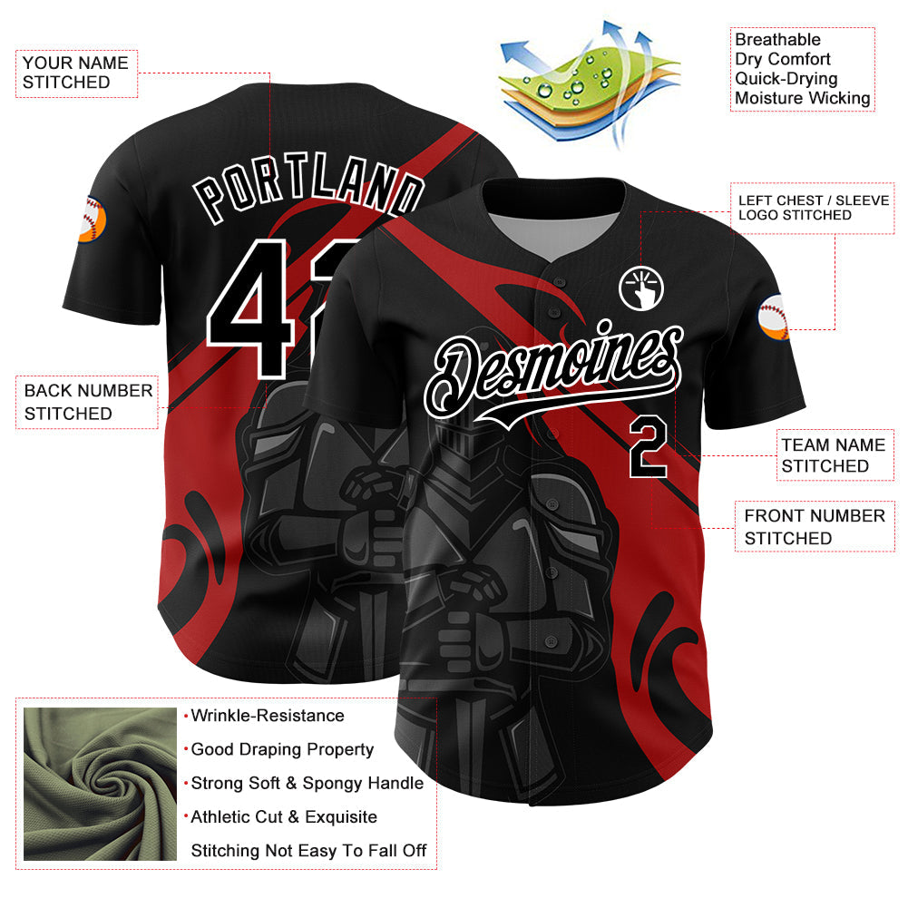 Custom Black Red-Gray 3D Pattern Design Knight Hero Art Authentic Baseball Jersey - Sky-Custom