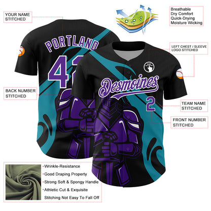Custom Black Purple-Teal 3D Pattern Design Knight Hero Art Authentic Baseball Jersey - Sky-Custom