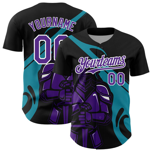 Custom Black Purple-Teal 3D Pattern Design Knight Hero Art Authentic Baseball Jersey - Sky-Custom