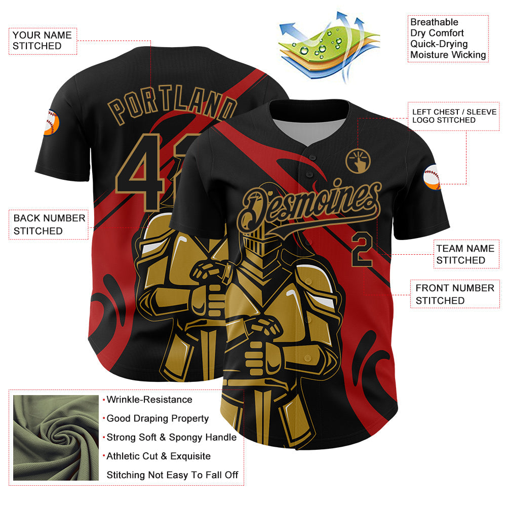 Custom Black Red-Old Gold 3D Pattern Design Knight Hero Art Authentic Baseball Jersey - Sky-Custom