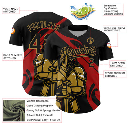 Custom Black Red-Old Gold 3D Pattern Design Knight Hero Art Authentic Baseball Jersey - Sky-Custom