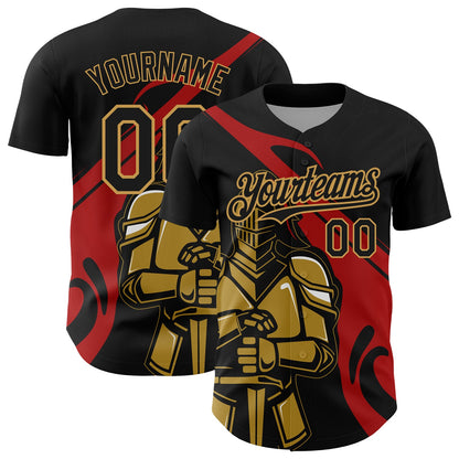 Custom Black Red-Old Gold 3D Pattern Design Knight Hero Art Authentic Baseball Jersey - Sky-Custom