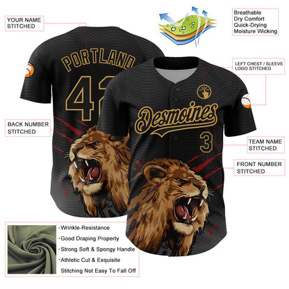Custom Black Old Gold 3D Pattern Design Animal Lion Authentic Baseball Jersey - Sky-Custom