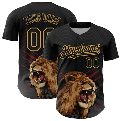 Custom Black Old Gold 3D Pattern Design Animal Lion Authentic Baseball Jersey - Sky-Custom