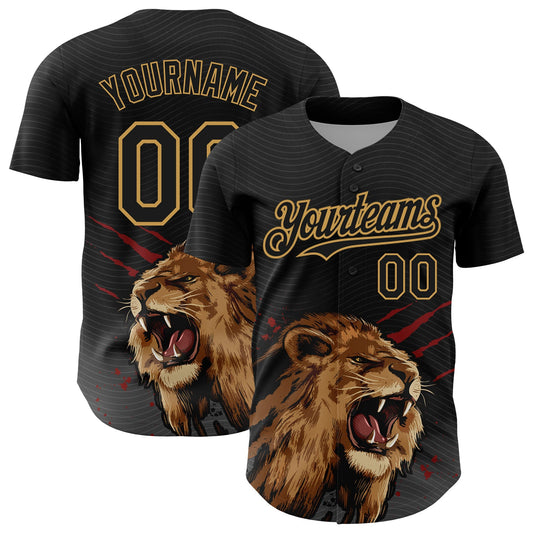 Custom Black Old Gold 3D Pattern Design Animal Lion Authentic Baseball Jersey - Sky-Custom