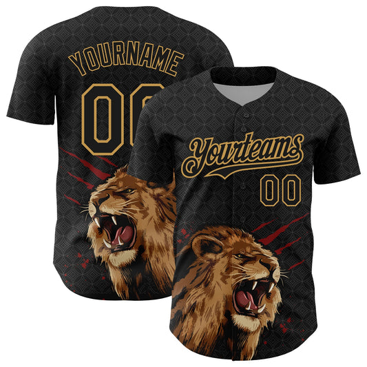 Custom Black Old Gold 3D Pattern Design Animal Lion Authentic Baseball Jersey - Sky-Custom