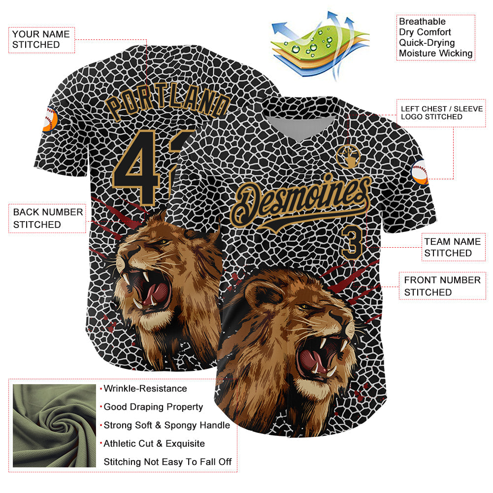 Custom Black Old Gold 3D Pattern Design Animal Lion Authentic Baseball Jersey - Sky-Custom