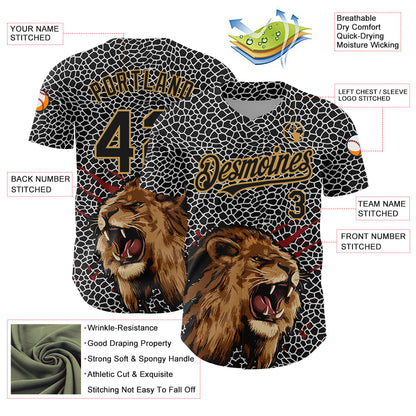 Custom Black Old Gold 3D Pattern Design Animal Lion Authentic Baseball Jersey - Sky-Custom