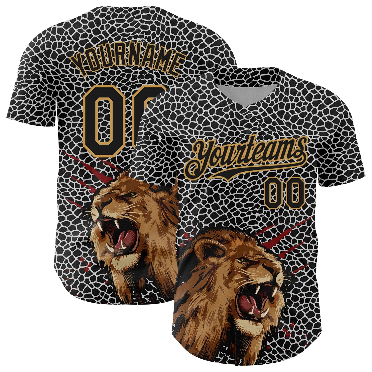 Custom Black Old Gold 3D Pattern Design Animal Lion Authentic Baseball Jersey - Sky-Custom
