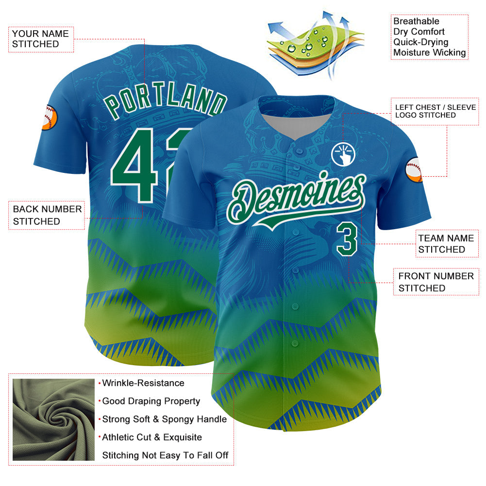 Custom Panther Blue Kelly Green-White 3D Pattern Design Animal Lion Authentic Baseball Jersey - Sky-Custom