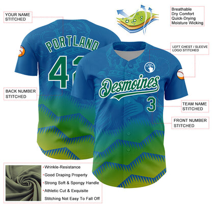 Custom Panther Blue Kelly Green-White 3D Pattern Design Animal Lion Authentic Baseball Jersey - Sky-Custom