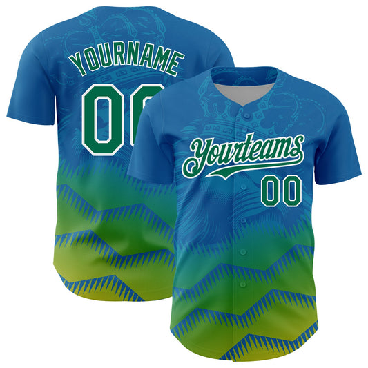 Custom Panther Blue Kelly Green-White 3D Pattern Design Animal Lion Authentic Baseball Jersey - Sky-Custom