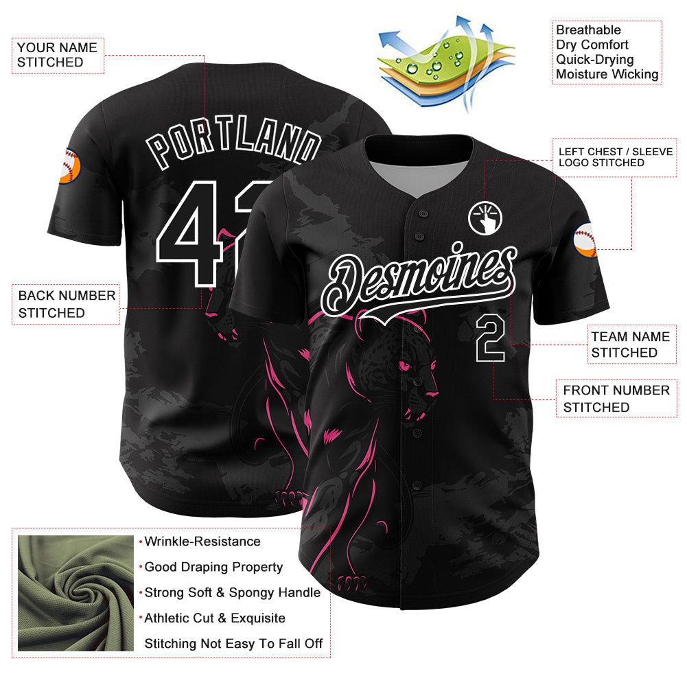 Custom Black Pink-White 3D Pattern Design Animal Panther Authentic Baseball Jersey - Sky-Custom