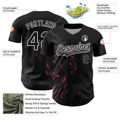Custom Black Pink-White 3D Pattern Design Animal Panther Authentic Baseball Jersey - Sky-Custom
