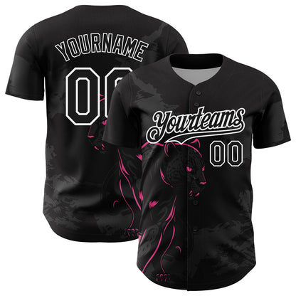 Custom Black Pink-White 3D Pattern Design Animal Panther Authentic Baseball Jersey - Sky-Custom