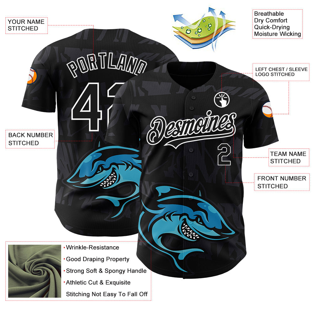 Custom Black White 3D Pattern Design Animal Shark Authentic Baseball Jersey - Sky-Custom