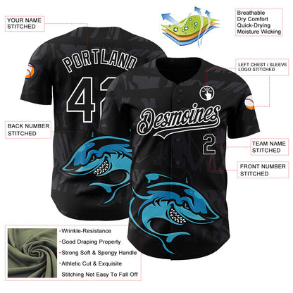 Custom Black White 3D Pattern Design Animal Shark Authentic Baseball Jersey - Sky-Custom
