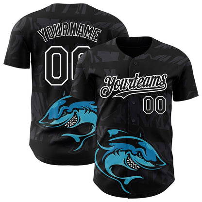 Custom Black White 3D Pattern Design Animal Shark Authentic Baseball Jersey - Sky-Custom