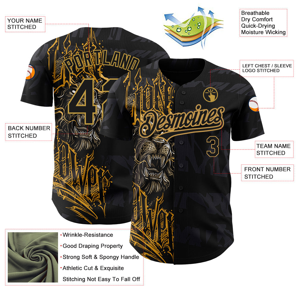 Custom Black Old Gold 3D Pattern Design Animal Lion Authentic Baseball Jersey - Sky-Custom