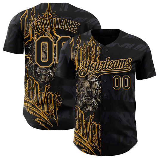 Custom Black Old Gold 3D Pattern Design Animal Lion Authentic Baseball Jersey - Sky-Custom
