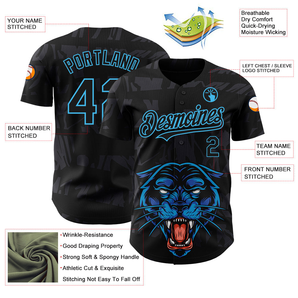 Custom Black Sky Blue 3D Pattern Design Animal Panther Authentic Baseball Jersey - Sky-Custom