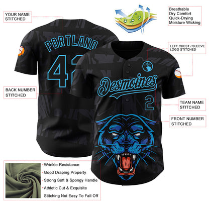 Custom Black Sky Blue 3D Pattern Design Animal Panther Authentic Baseball Jersey - Sky-Custom