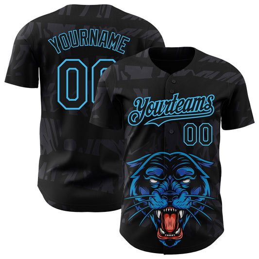 Custom Black Sky Blue 3D Pattern Design Animal Panther Authentic Baseball Jersey - Sky-Custom