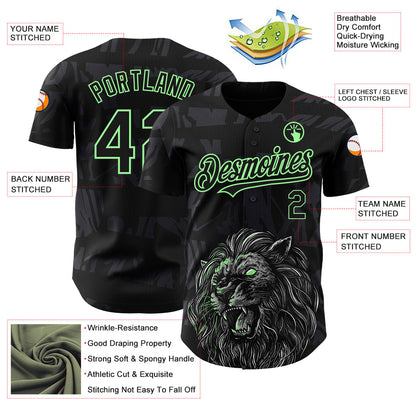 Custom Black Pea Green 3D Pattern Design Animal Lion Authentic Baseball Jersey - Sky-Custom