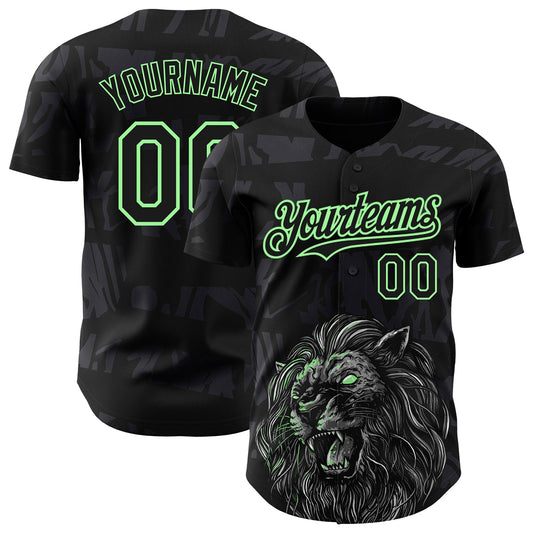 Custom Black Pea Green 3D Pattern Design Animal Lion Authentic Baseball Jersey - Sky-Custom