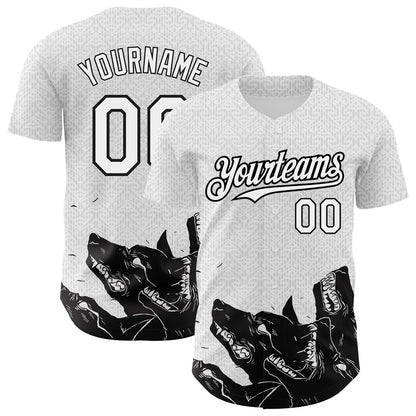 Custom White Black 3D Pattern Design Animal Wolf Authentic Baseball Jersey - Sky-Custom